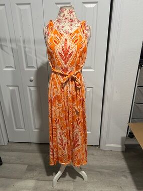 LOFT Orange & Cream Paisley Tie-Waist Maxi Dress